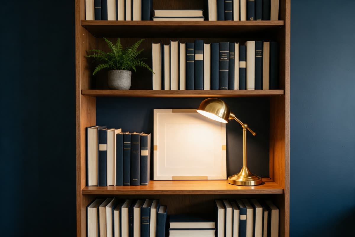 Home office bookshelf with hardcover books, a fern and a brass lamp against a navy wall