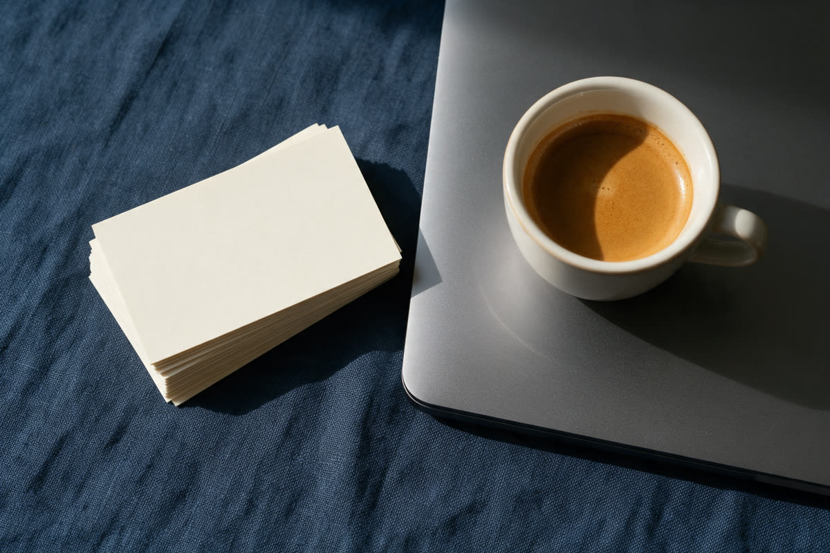 Stack of blank business cards beside a closed laptop and an espresso cup