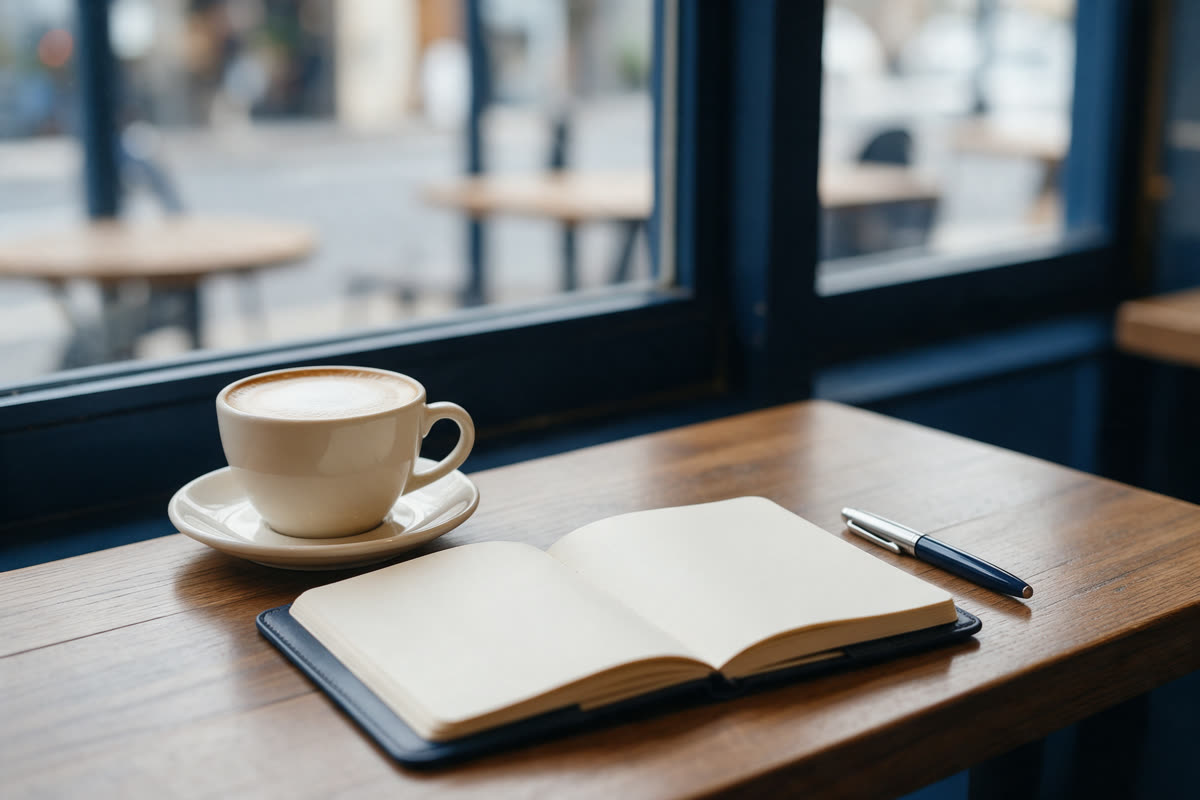 Cafe table with a cappuccino and an open leather journal by a window